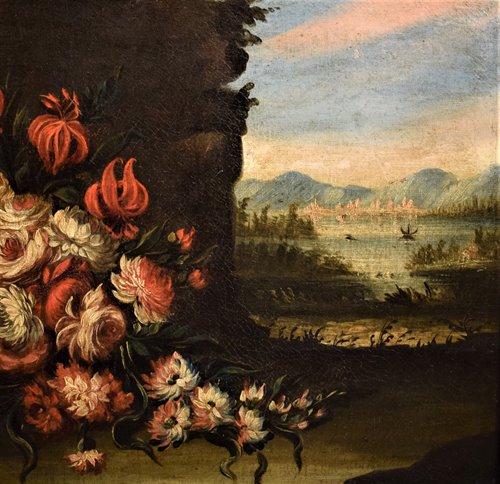 Still Life of Flowers and Landscape